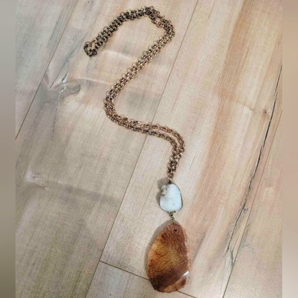 Natural stone long necklace mala chain 18" gold colour by Express